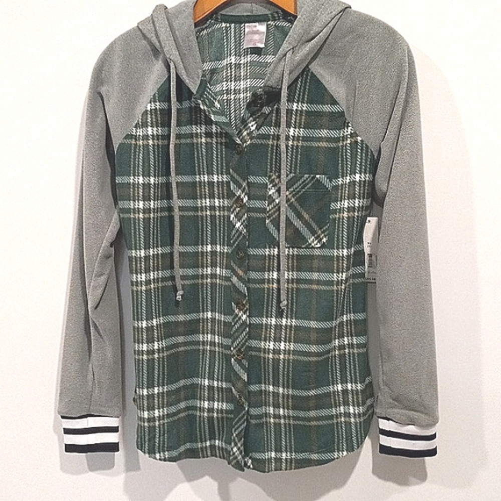 No Boundaries Green Plaid Button Up Hoodie Gray Raglan Sleeves XS 90s fashion